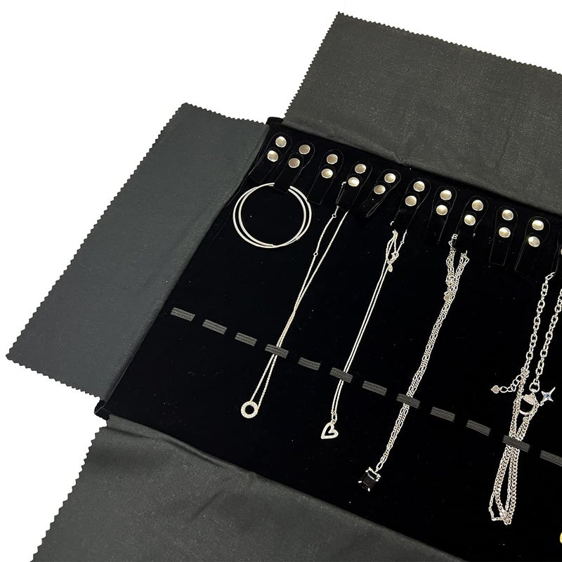 UnionPlus Velvet Travel Jewelry Roll Bag Organizer for Necklace, Elastic Band and Anti-winding, Large, Black - Image 4